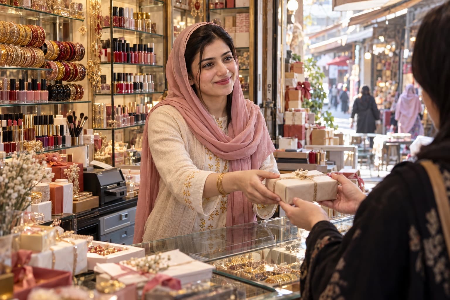 A cosmetics and gifts shop owner makes the first sale of the morning across a glass counter, the shutter just raised.