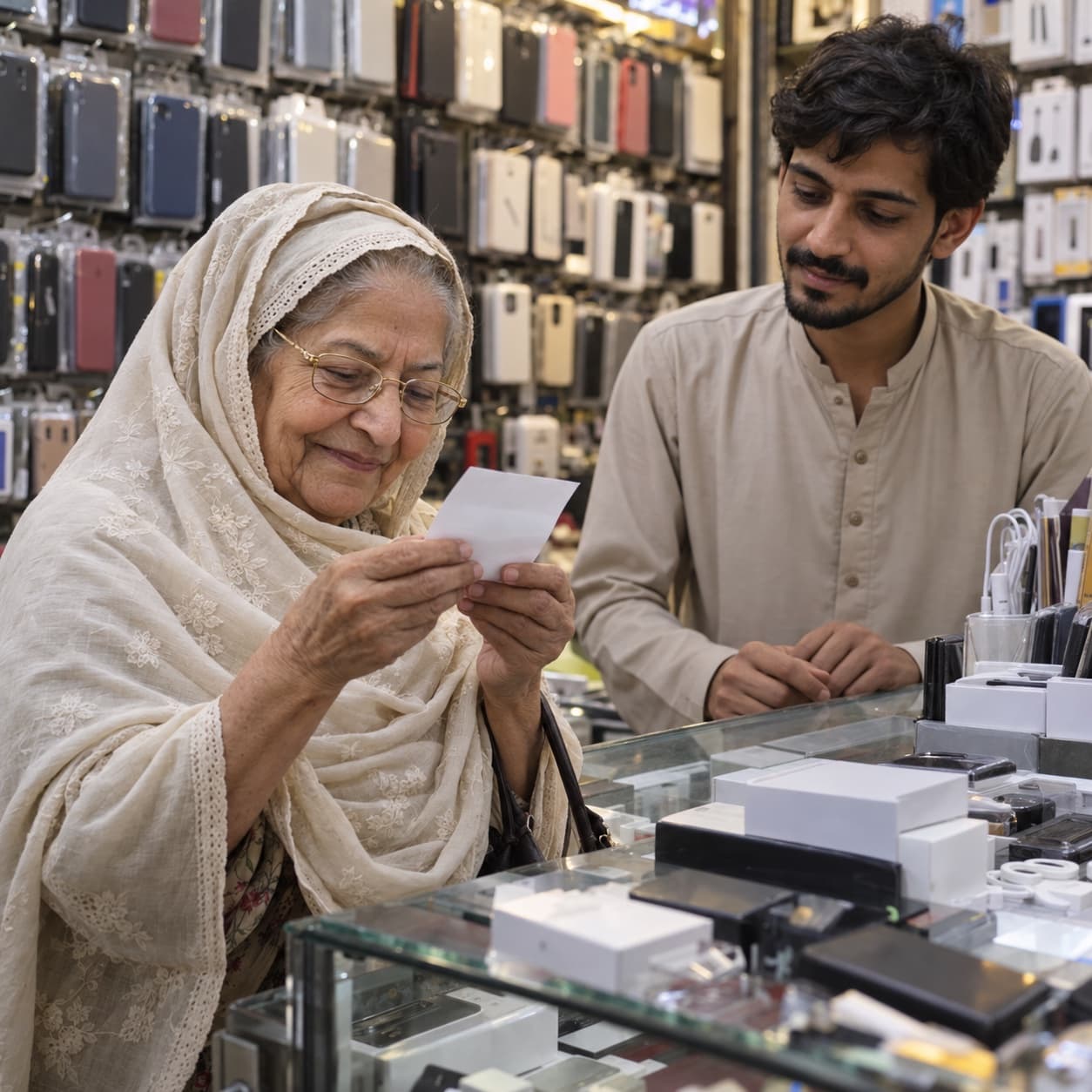 An elderly customer in reading glasses holds her printed receipt close and smiles, the shopkeeper waiting beside her.